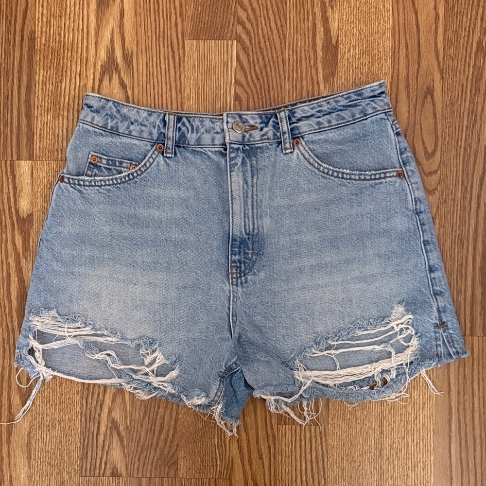 Topshop A-Line Light Blue Distressed Denim Shorts | High Rise | Size 8